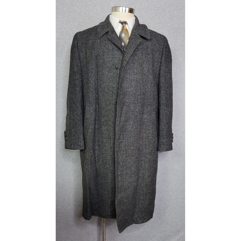 Vtg 1960s Harris Tweed Grey Herringbone Wool Overcoat Scottish 44? *Read